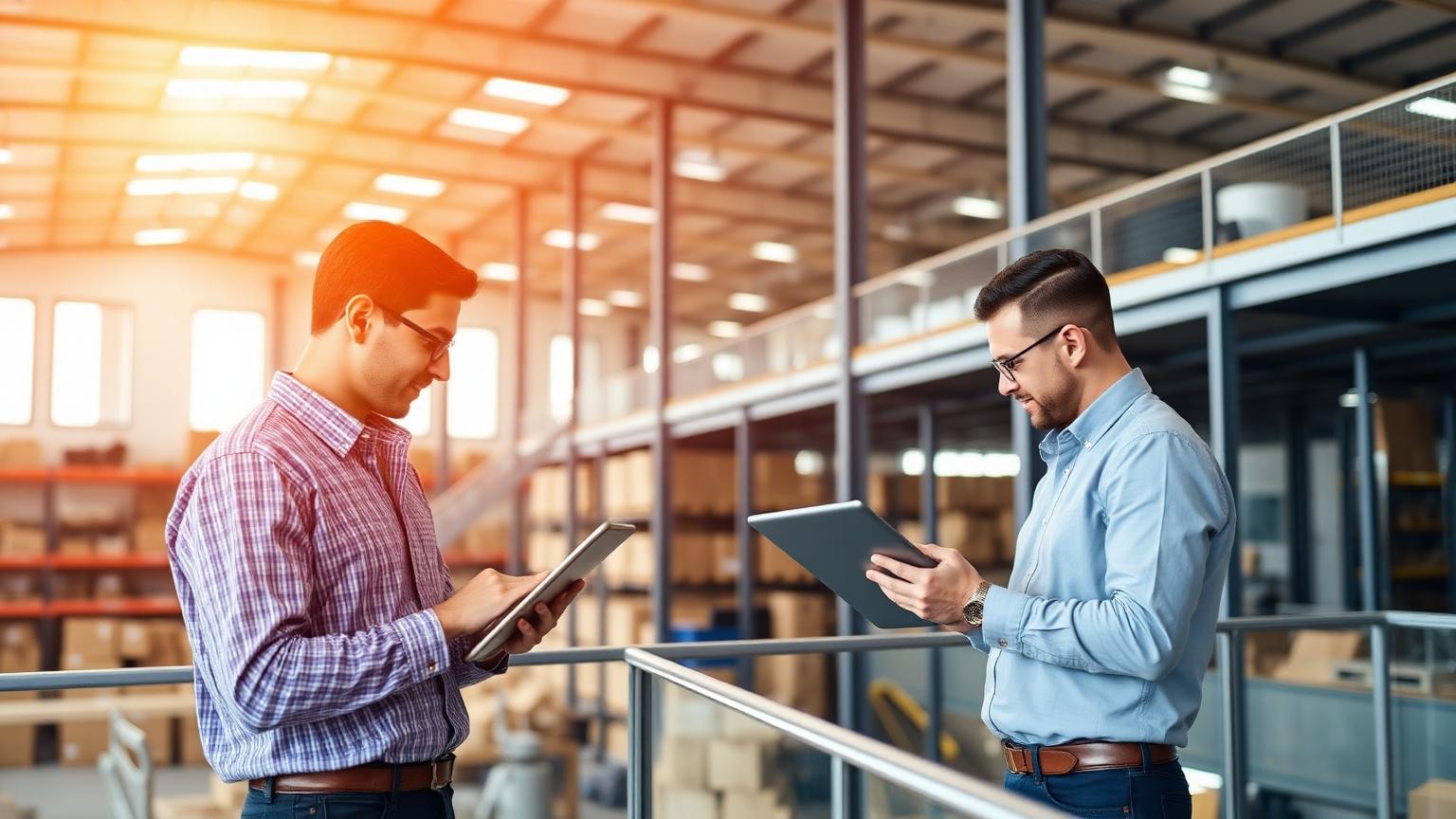 Two colleagues using tablets in a warehouse