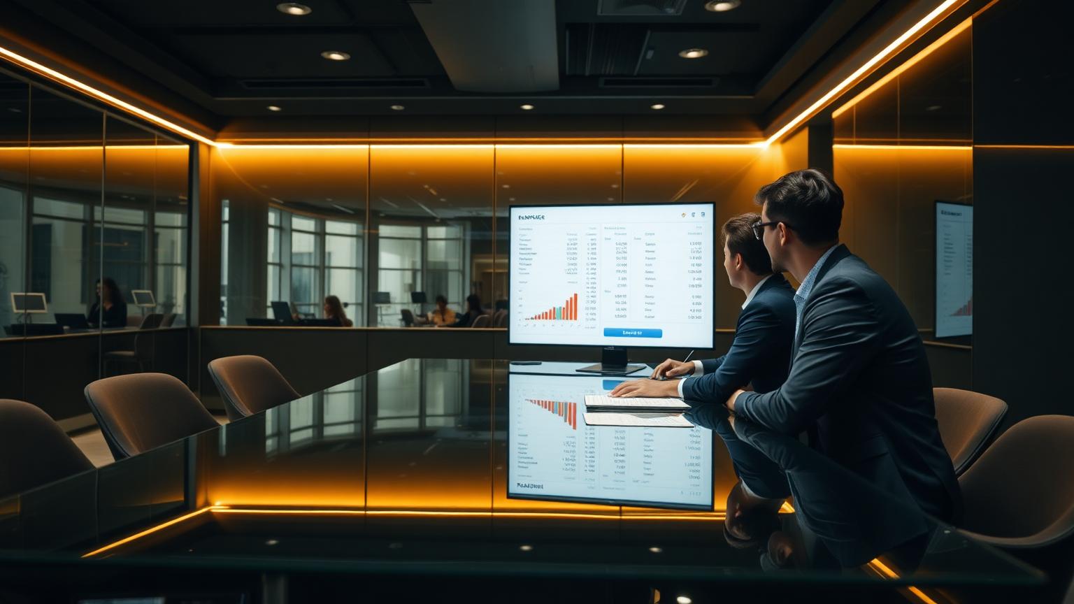 Business professionals exploring financial information on a screen