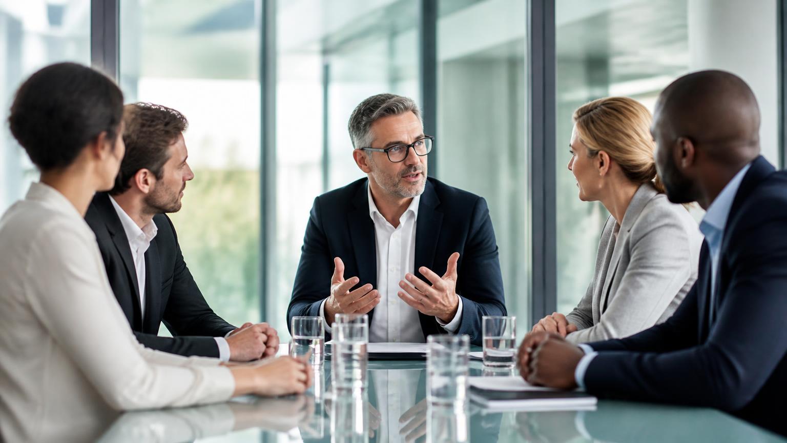 A business team discussing operations around a meeting table